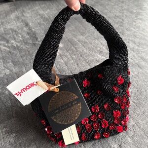 Made in India Small Black Beaded Bag Red Sequin Flowers Clutch Purse -  NWT